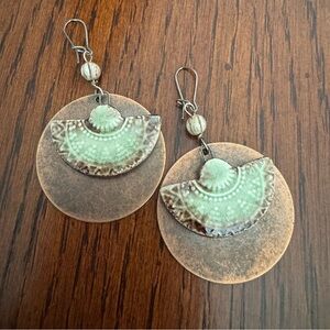 Ceramic and Copper Disc Earrings Assemblage Jewelry Handmade